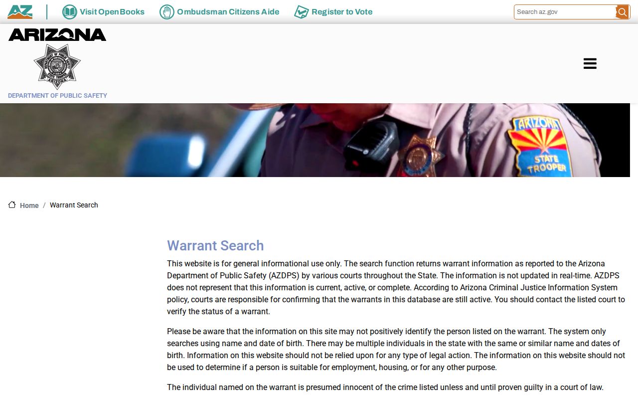 Yavapai County warrant lookup on the Arizona DPS search page
