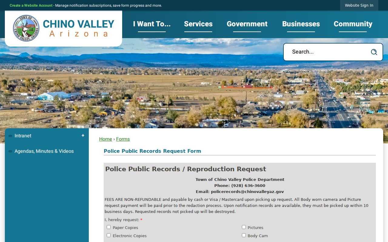 Chino Valley warrant records police request form